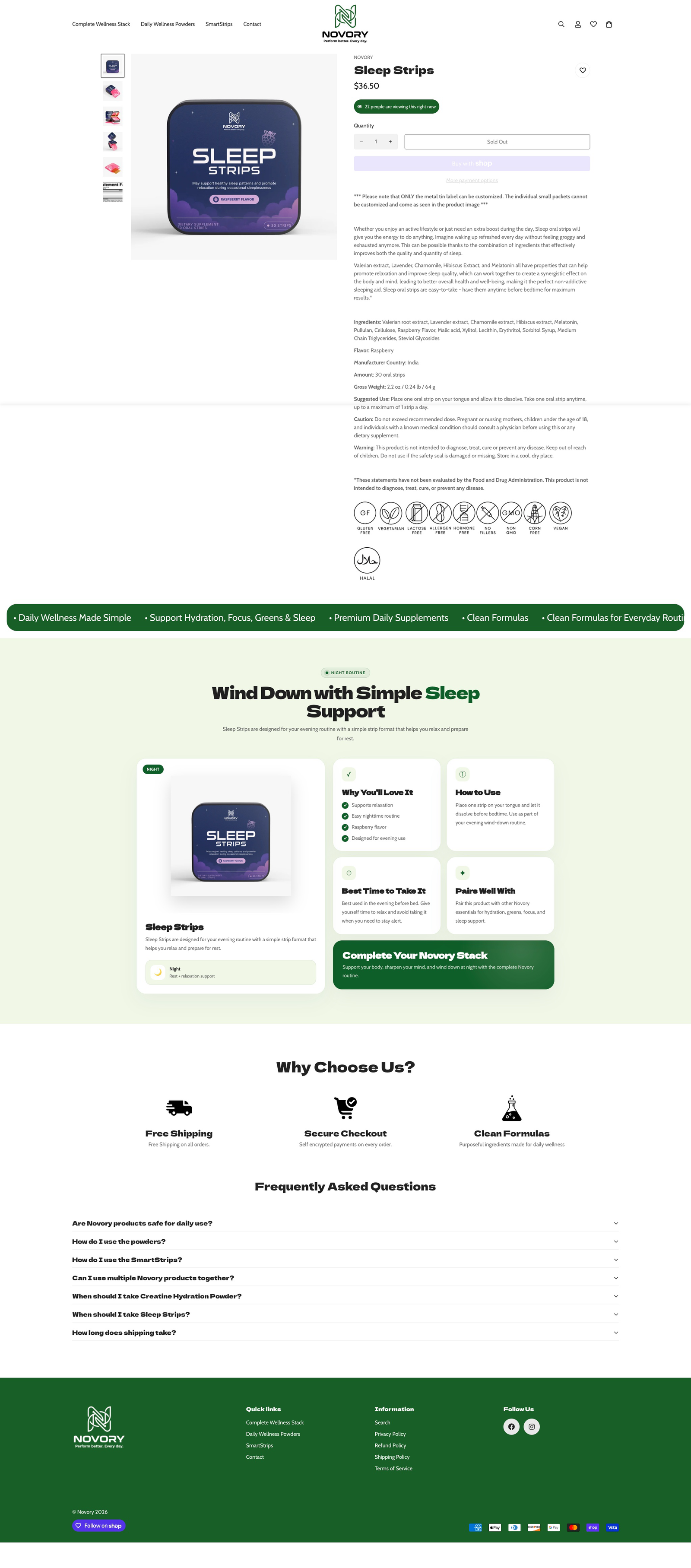 NOVORY — Sleep Strips Custom Product Detail Page (PDP)